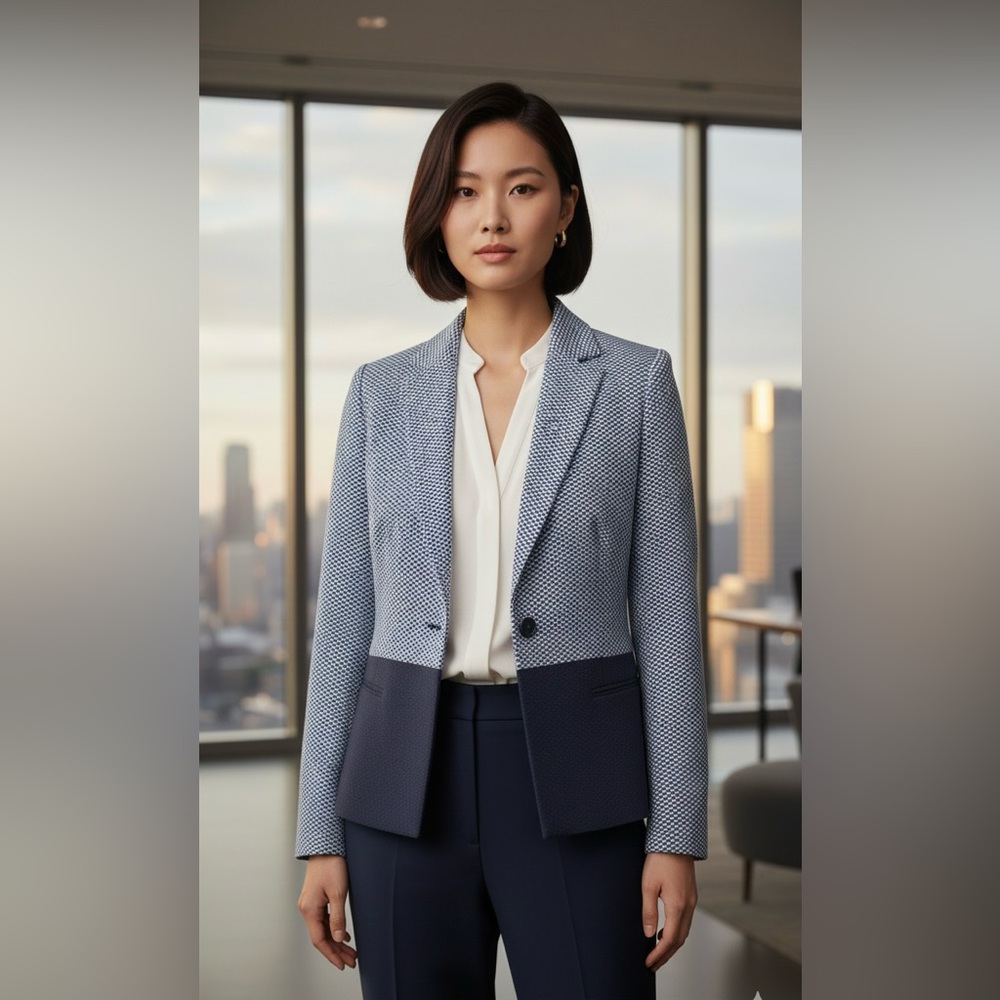 Boss Hugo Boss Micro Check Blue Blazer Jacket One Button Cotton Blend Size 4